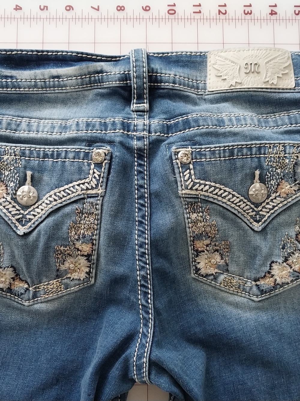 Miss Me Women's Blue Boot Cut Jeans with Embroidered Floral Back Pockets
